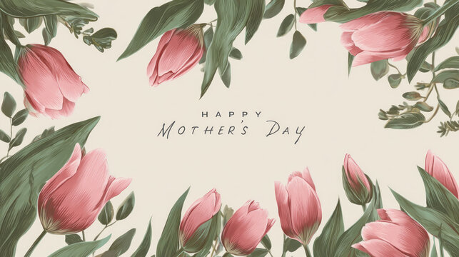 Soft pink tulips and lush green leaves frame a "Happy Mother's Day" greeting