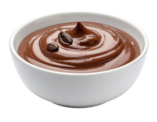 Isolated bowl of rich chocolate pudding dessert on a white background