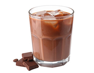 Isolated iced chocolate drink or cold cocoa beverage in a glass on a white background