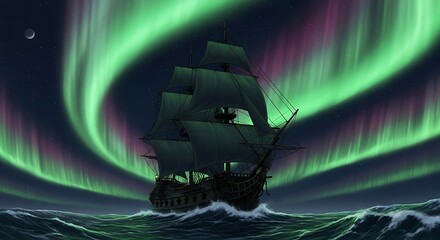 Sailing Ship Under Northern Lights at Night.
