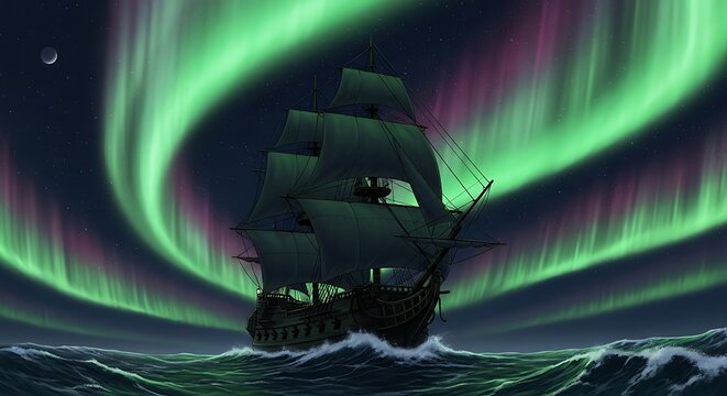 Sailing Ship Under Northern Lights at Night.