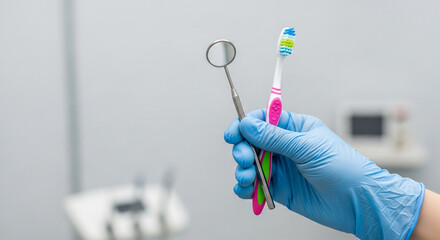 Dentists gloved hand holding dental mirror and toothbrush, symbolizing oral hygiene, dental checkups, and the importance regular teeth cleaning