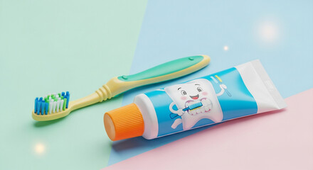 Childs toothbrush and tube toothpaste with cartoon tooth character are arranged on pastelcolored, suggesting oral hygiene for kids
