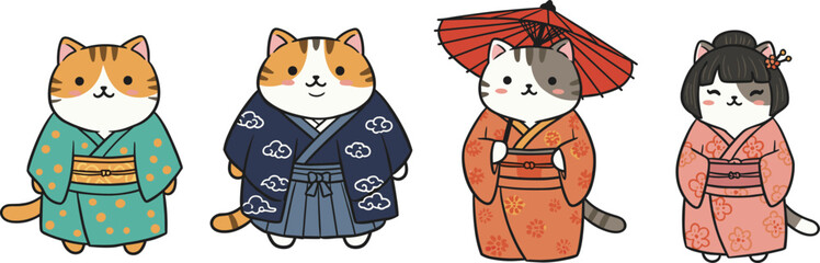 Cute cartoon cats wearing traditional Japanese kimono, adorable kawaii style illustration, cultural festival art, Japanese character design, charming animal fashion