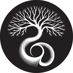 A stylized tree with swirling trunk in a black circle against a white background illustration