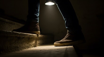 Steps illuminated by a single spotlight at night