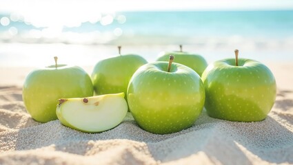 Fresh green apples resting on a sunny sandy beach.