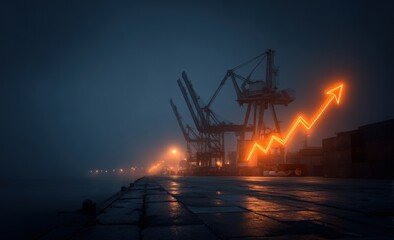 Night harbor cranes with upward orange arrow