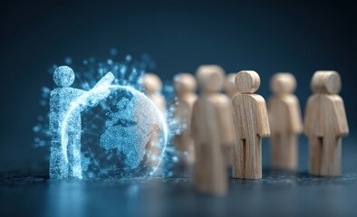 A person points to a digital globe in front of a line of figures