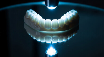 Closeup realistic dental prosthesis, set artificial teeth, illuminated by blue light, highlighting advanced dental technology and precision in prosthodontics
