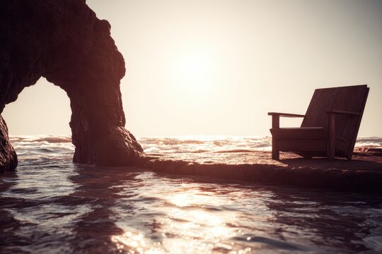 Wooden chair on a rocky beach at sunrise - Powered by Adobe