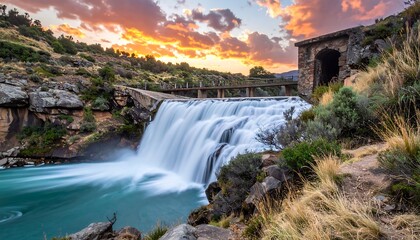 Majestic cascade of water flows with vibrant sunset hues