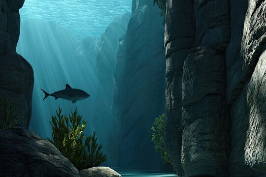 Underwater canyon with shark. Sunlight streams into a narrow, rocky underwater canyon. A shark swims in the middle ground. Lush kelp grows in the crevices