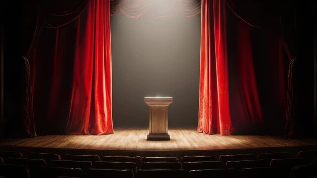 A dramatic theatrical reveal of an empty pedestal on stage as red curtains open under a spotlight. Perfect for announcements, awards, product launches, or grand reveals.