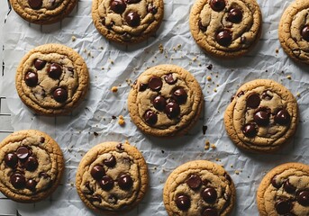 Elevated shot of freshly baked chocolate chip cookies on parchment paper