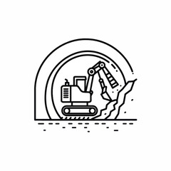 Excavator digging in a tunnel construction line art icon.