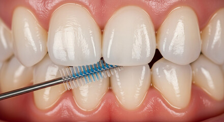 Closeup view persons teeth being cleaned with blue interdental brush, highlighting oral hygiene and dental care