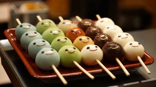 Adorable Smiling Sweet Dumplings on Sticks, A Delightful Treat.