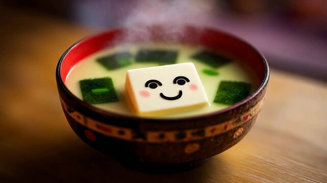 Adorable happy tofu floats in steaming hot miso soup with seaweed.
