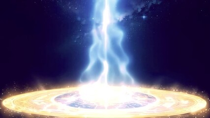 宇宙を背景に魔法陣から凍結魔法のエネルギーがあふれる瞬間の動画