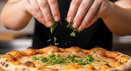 Chef's hands delicately garnishing pizza with fresh verdant microgreens