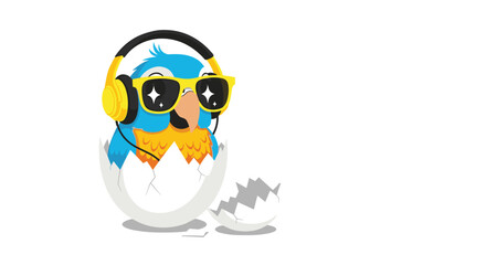 Fototapeta premium A cool little bird hatches from an egg wearing headphones and sunglasses.