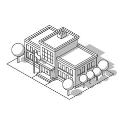 Isometric line art illustration of a public school building with a flagpole and trees on a white background.