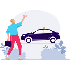 Man Waving For A Taxi With Briefcase In Hand Against A Light Blue Circular Background And Greenery