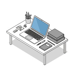 Isometric line art illustration of a clean and organized desk with a laptop, books, and various office supplies.