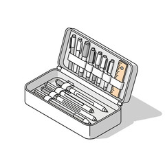 An open rectangular pencil case filled with pens, pencils, and a ruler, depicted in a clean line art style.