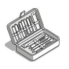 Isometric line art illustration of an open pencil case filled with pens and rulers on a white background.