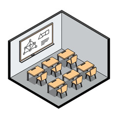 Isometric classroom illustration with desks, chairs, and a whiteboard.