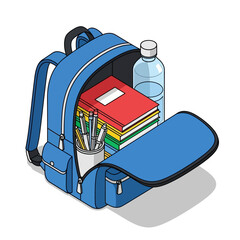 Isometric illustration of a blue backpack filled with school supplies.