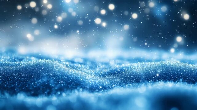 Vivid winter snowflakes falling over icy surface with sparkling frost