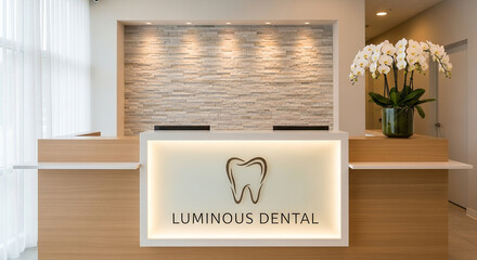 Modern dental clinic reception desk with glowing logo and fresh orchids, creating welcoming and professional atmosphere for patients