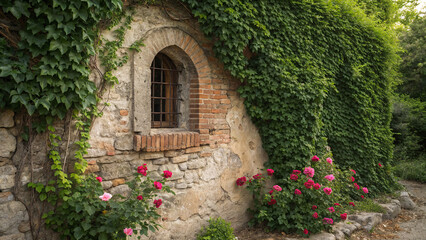 Old Rustic Stone Wall with Arched Window, Green Ivy, and Vibrant Roses