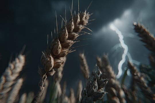 Dried wheat stalks in a field, dramatic stormy sky with lightning