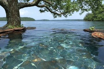 Tranquil lake vista from a rock-edged pool