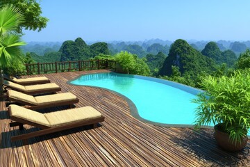 Overlooking pool deck with mountain view