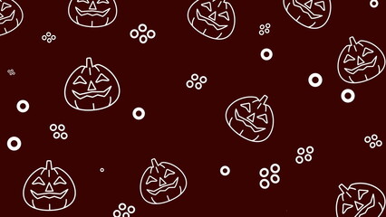 Halloween pattern image with white jackolanterns with dots and flowers on maroon backdrop, perfect for halloween stationery, greeting cards, party invitations, or social media graphics.