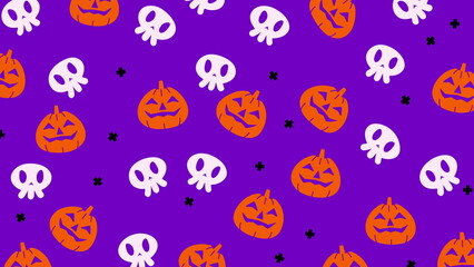 Halloween pattern image with pumpkins and skulls on purple background for halloweenthemed design projects like party invites, decorations, and digital backgrounds.