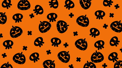 Halloween pattern image perfect for spooky decorations, party invitations, wrapping papers, and textiles with pumpkins, skulls, and crosses.