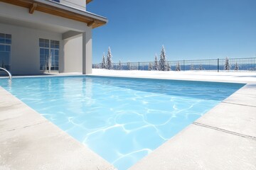 Modern house with pool, snowy mountain view