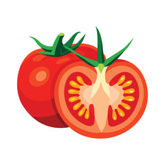 A whole red tomato next to a fresh and juicy half, isolated on a white background.