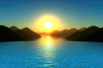 Sunrise over a tranquil lake and mountains