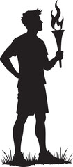 Black silhouette of a man holding a flaming torch flame