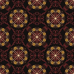Regal Gold Mandala Seamless Pattern, Dark Baroque Floral Ornament on Black Background, Luxury Vintage Textile and Wallpaper Design.
