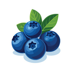 A bunch of fresh blue blueberries with bright green leaves, isolated on a white background.