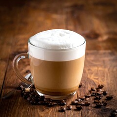 Glass cup of latte with foam and coffee beans