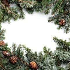 Festive pine cones and evergreen branches in winter holiday frame
